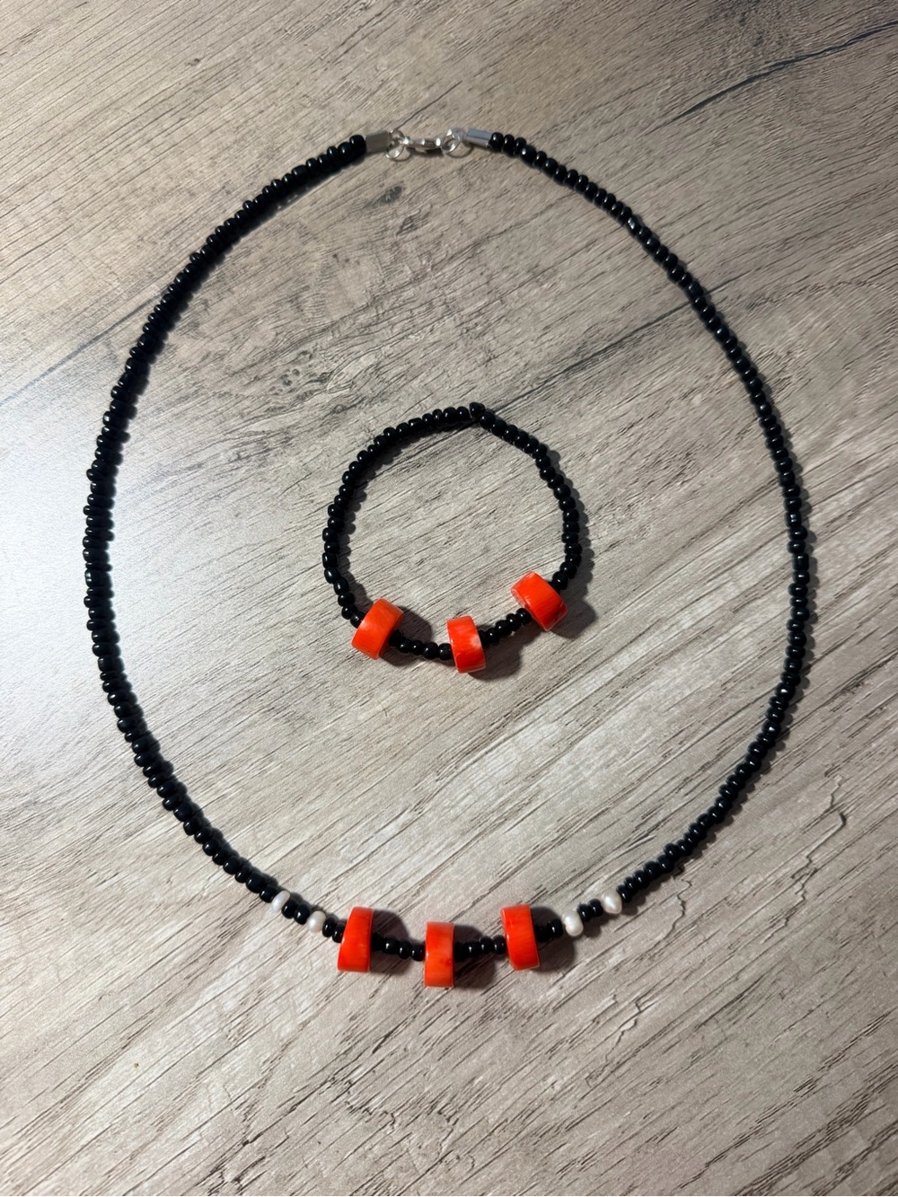 Black Glass Seed Bead Necklace & Bracelet Set with Coral Accent Beads